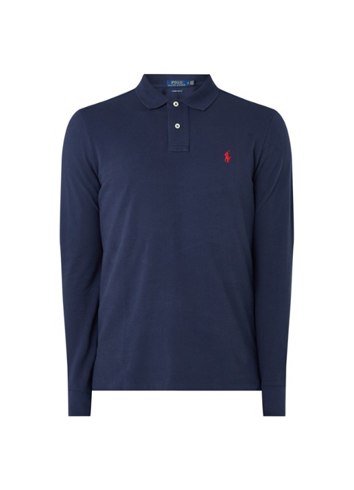 Ralph Lauren Custom Slim fit polo van piqué katoen met lange mouw - voorkant 4 newport navy / donkerblauw