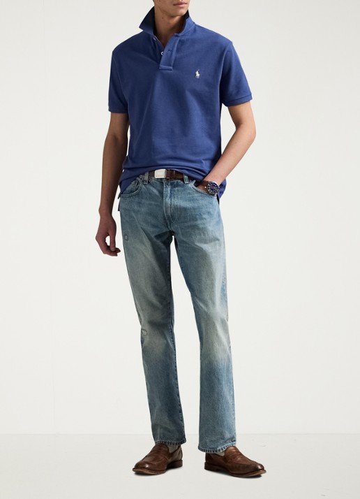 Ralph Lauren Custom slim fit polo van piqué katoen - voorkant 2 earth blue / blauw