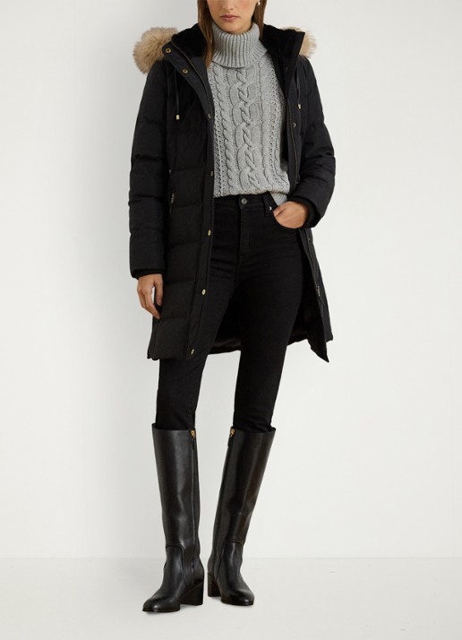 Ralph Lauren Donsjas met capuchon en imitatiebont - voorkant 2 zwart