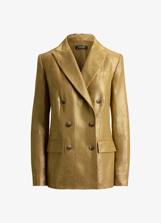 Ralph Lauren Double-breasted blazer in linnenblend met metallic finish - voorkant 3 brown/gold foil / bruin