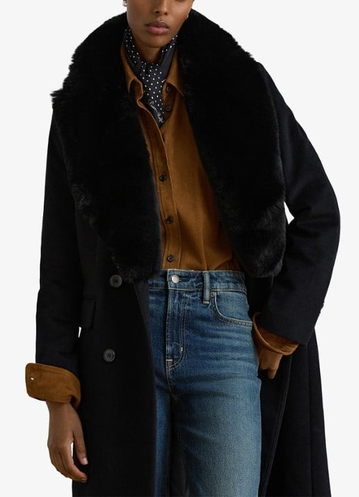 Ralph Lauren Double-breasted mantel met imitatiebont