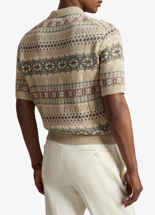 Ralph Lauren Fair Isle fijngebreide slim fit polo in linnenblend met ingebreid patroon - achterkant 3 tan combo / beige