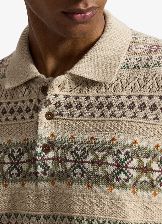 Ralph Lauren Fair Isle fijngebreide slim fit polo in linnenblend met ingebreid patroon - detail 5 tan combo / beige