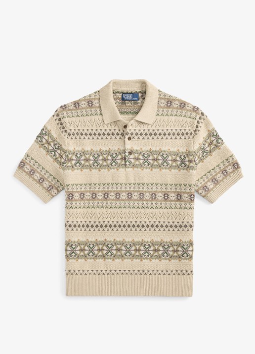 Ralph Lauren Fair Isle fijngebreide slim fit polo in linnenblend met ingebreid patroon - voorkant tan combo / beige