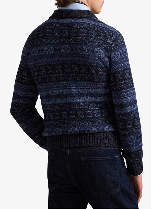 Ralph Lauren Fair Isle fijngebreide trui in wolblend met polokraag - achterkant 5 donkerblauw