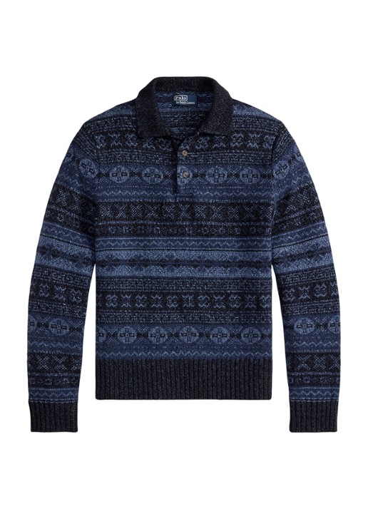 Ralph Lauren Fair Isle fijngebreide trui in wolblend met polokraag - voorkant donkerblauw