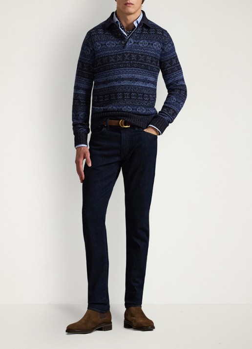 Ralph Lauren Fair Isle fijngebreide trui in wolblend met polokraag - voorkant 2 donkerblauw