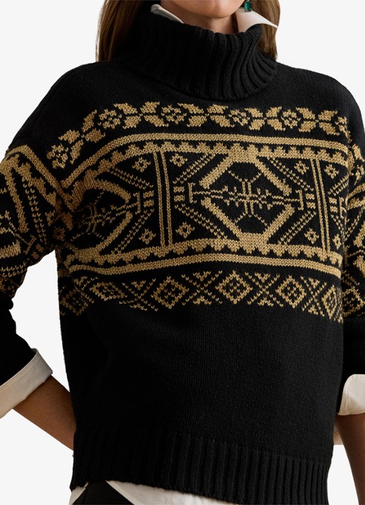 Ralph Lauren Fair Isle grofgebreide trui in wolblend met col - detail 5 black - relic gold metallic / zwart - goud