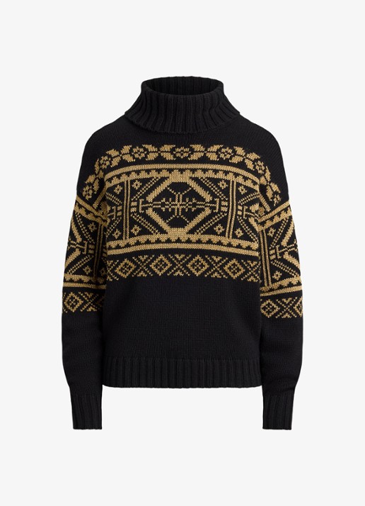 Ralph Lauren Fair Isle grofgebreide trui in wolblend met col - voorkant black - relic gold metallic / zwart - goud
