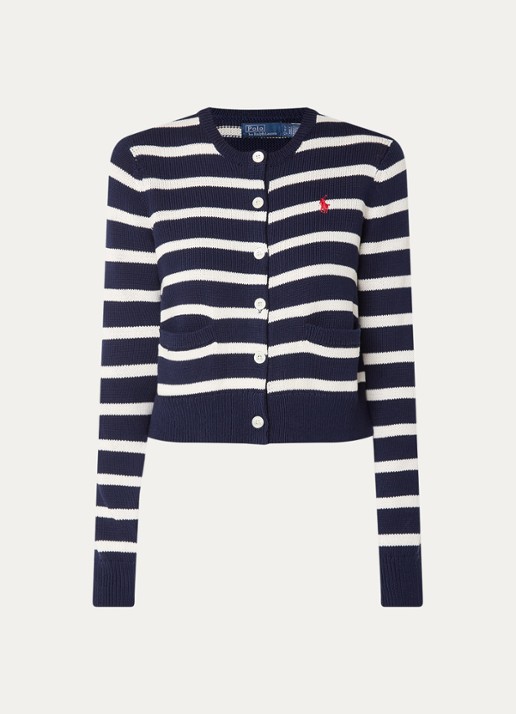 Ralph Lauren Fijngebreid cropped vest met streepprint en logoborduring - voorkant donkerblauw