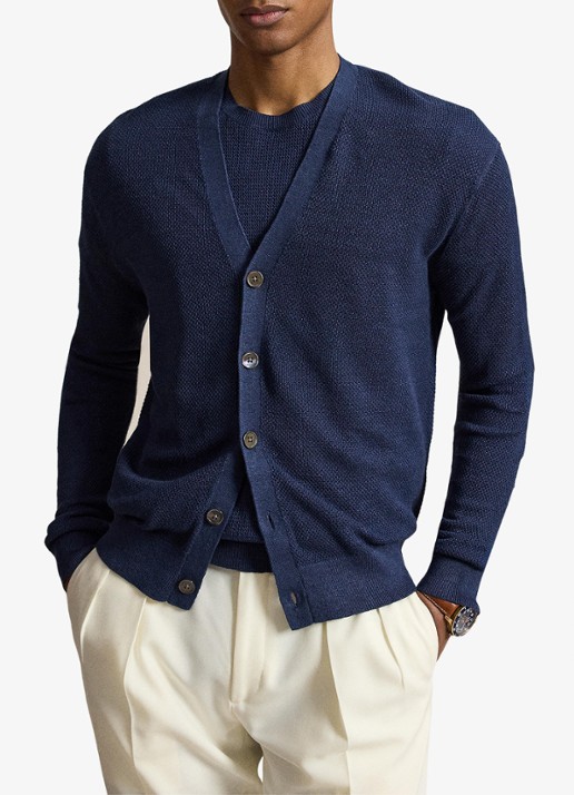 Ralph Lauren Fijngebreid vest van linnen - voorkant 4 newport navy / donkerblauw