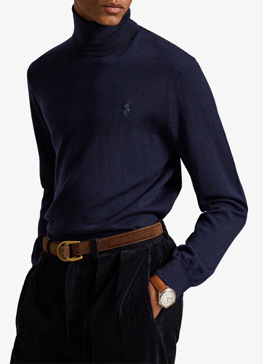 Ralph Lauren Fijngebreide coltrui van wol met logoborduring - voorkant 5 hunter navy / donkerblauw