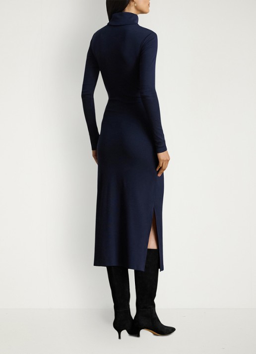 Ralph Lauren Fijngebreide midi jurk met col en strikdetail - achterkant 5 donkerblauw
