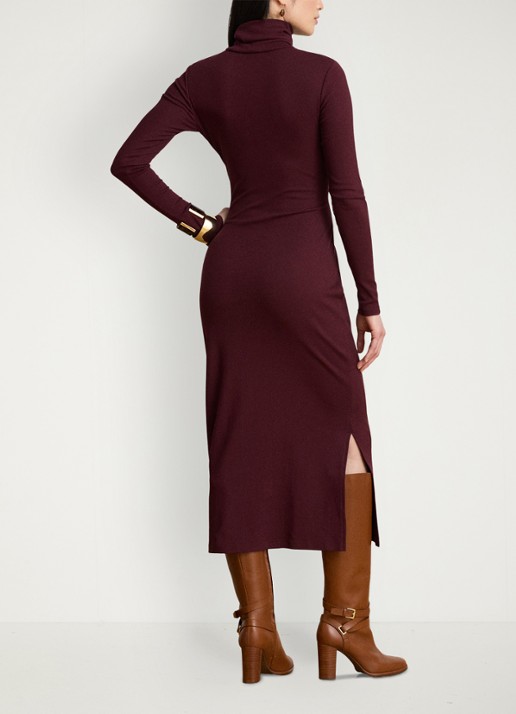 Ralph Lauren Fijngebreide midi jurk met col en strikdetail - achterkant 5 dark garnet / bordeauxrood