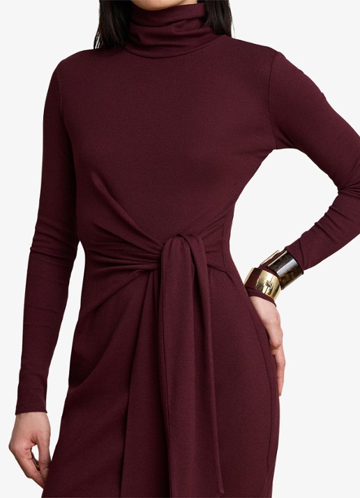Ralph Lauren Fijngebreide midi jurk met col en strikdetail - detail 4 dark garnet / bordeauxrood