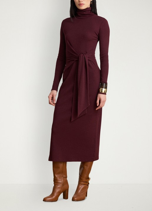 Ralph Lauren Fijngebreide midi jurk met col en strikdetail - voorkant 2 dark garnet / bordeauxrood