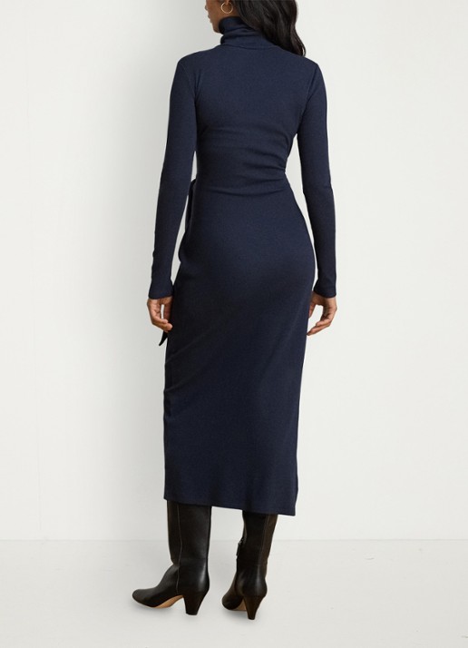 Ralph Lauren Fijngebreide midi jurk met col en strikdetail - achterkant lauren navy / blauw