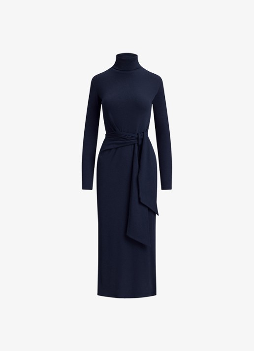 Ralph Lauren Fijngebreide midi jurk met col en strikdetail - voorkant 4 lauren navy / blauw