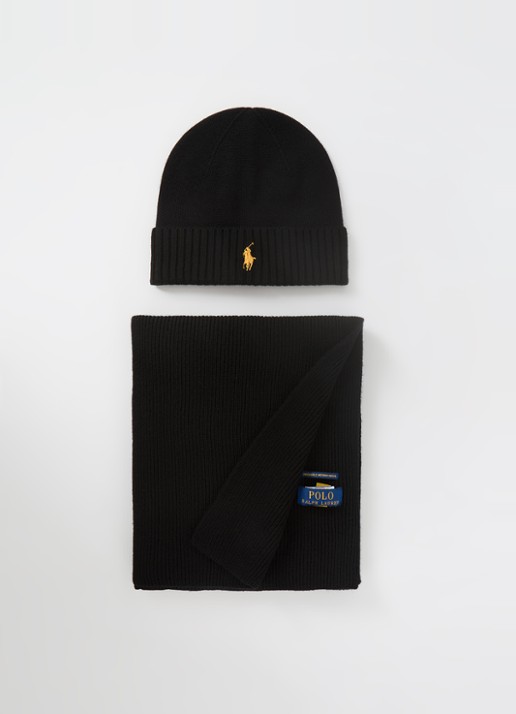 Ralph Lauren Fijngebreide muts en sjaal van wol in giftbox - detail zwart