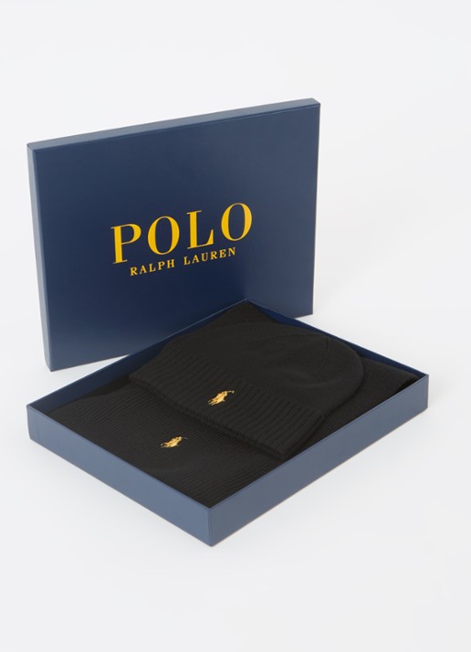 Ralph Lauren Fijngebreide muts en sjaal van wol in giftbox - voorkant 3 zwart