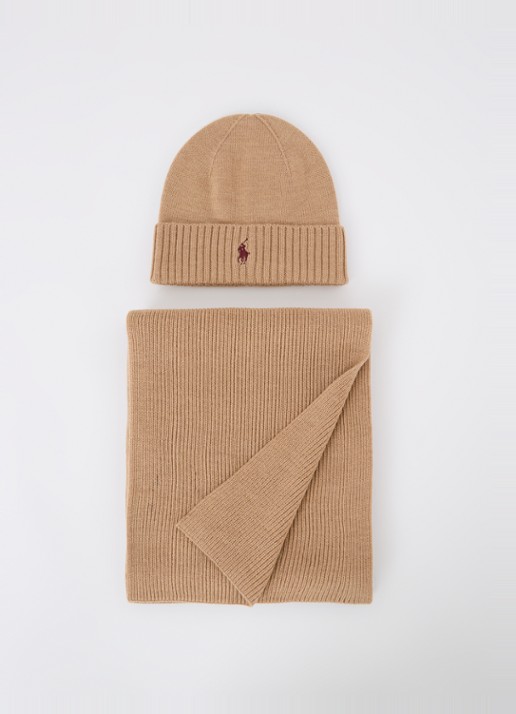 Ralph Lauren Fijngebreide muts en sjaal van wol in giftbox - detail 2 camel