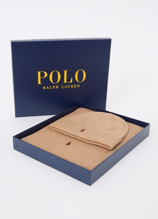 Ralph Lauren Fijngebreide muts en sjaal van wol in giftbox - voorkant 3 camel