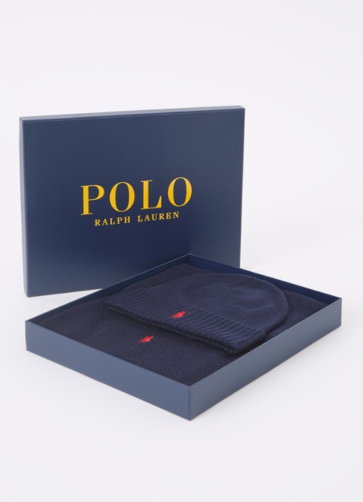Ralph Lauren Fijngebreide muts en sjaal van wol in giftbox - voorkant 3 donkerblauw