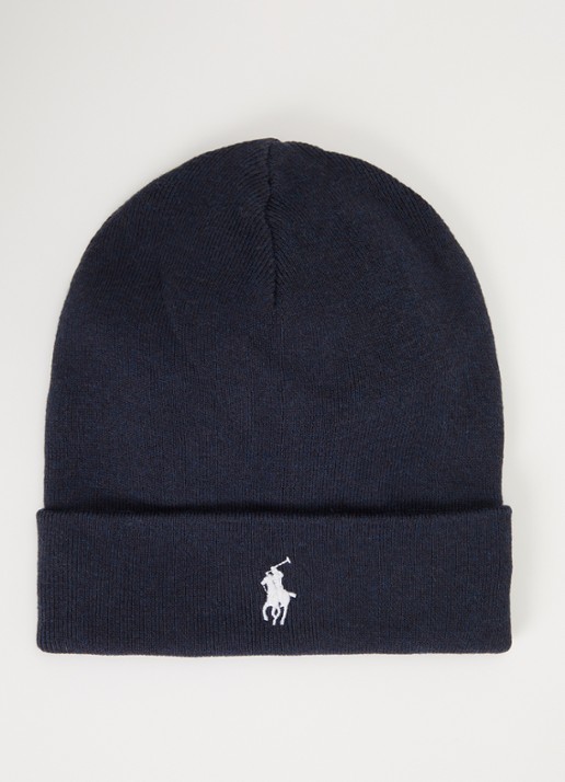 Ralph Lauren Fijngebreide muts met logo  - voorkant donkerblauw