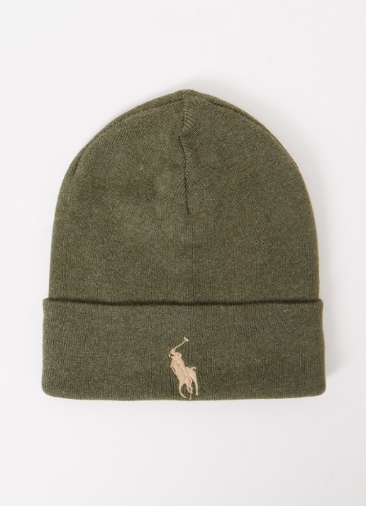 Ralph Lauren Fijngebreide muts met logoborduring  - voorkant olijfgroen