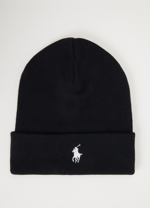 Ralph Lauren Fijngebreide muts met logoborduring - voorkant zwart