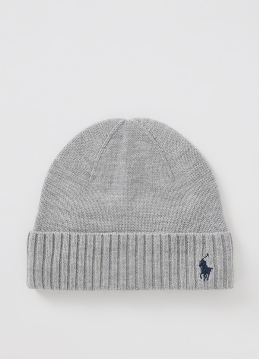 Ralph Lauren Fijngebreide muts van wol met logoborduring - voorkant grijsmele