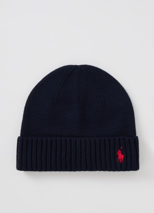 Ralph Lauren Fijngebreide muts van wol met logoborduring - voorkant donkerblauw