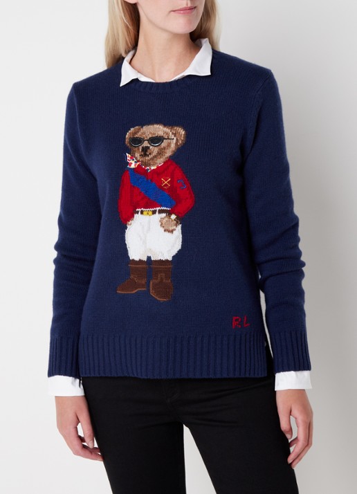 Ralph Lauren Fijngebreide pullover in kasjmierblend met borduring  - detail donkerblauw