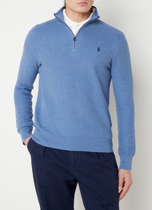 Ralph Lauren Fijngebreide pullover met halve rits en logoborduring - detail 4 blue stone hthr / blauw