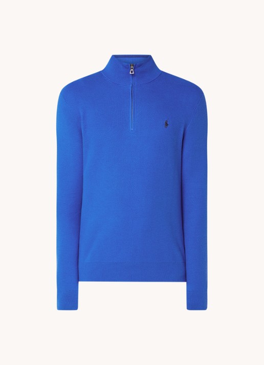 Ralph Lauren Fijngebreide pullover met halve rits en logoborduring - voorkant 3 heritage blue / kobaltblauw