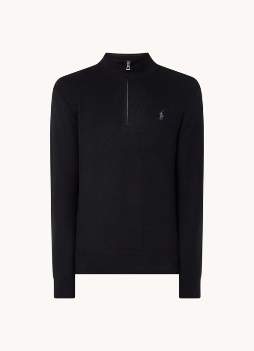 Ralph Lauren Fijngebreide pullover met halve rits en logoborduring - voorkant polo black/tonal purple / zwart