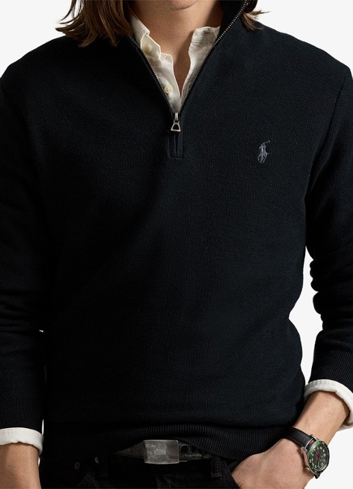 Ralph Lauren Fijngebreide pullover met halve rits en logoborduring - detail 8 polo black/tonal purple / zwart