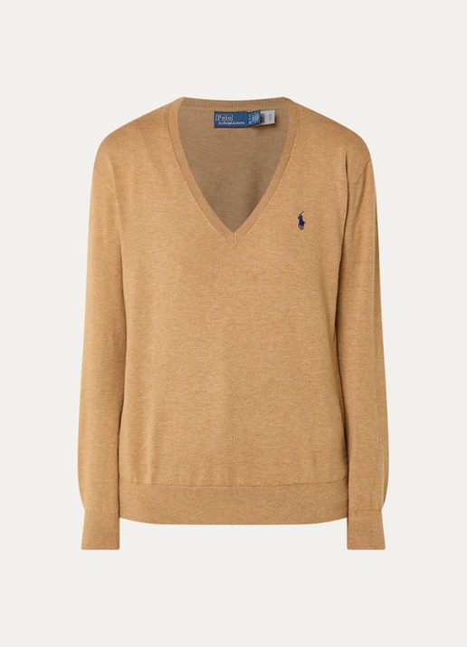 Ralph Lauren Fijngebreide pullover met V-hals en logoborduring - voorkant camel