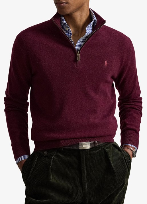 Ralph Lauren Fijngebreide pullover van wol met halve rits - voorkant 4 aged wine heather / wijnrood