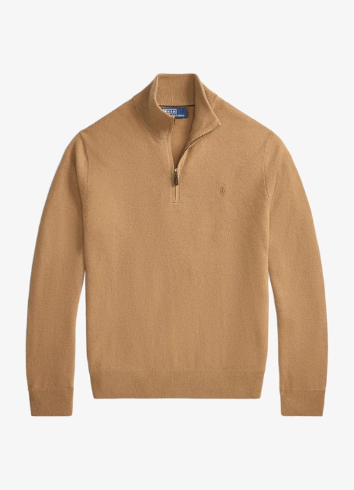 Ralph Lauren Fijngebreide pullover van wol met halve rits - voorkant crouton tan heather / beige