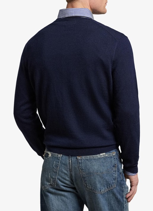Ralph Lauren Fijngebreide pullover van wol met V-hals - achterkant 3 donkerblauw