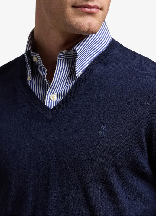 Ralph Lauren Fijngebreide pullover van wol met V-hals - detail 2 donkerblauw