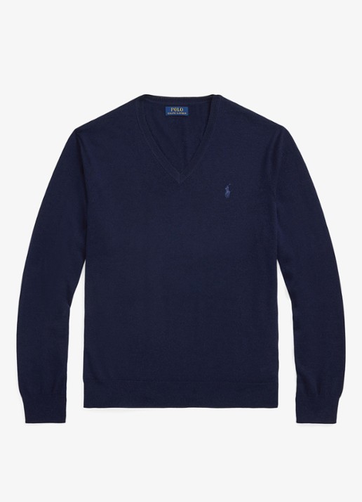 Ralph Lauren Fijngebreide pullover van wol met V-hals - voorkant 4 donkerblauw