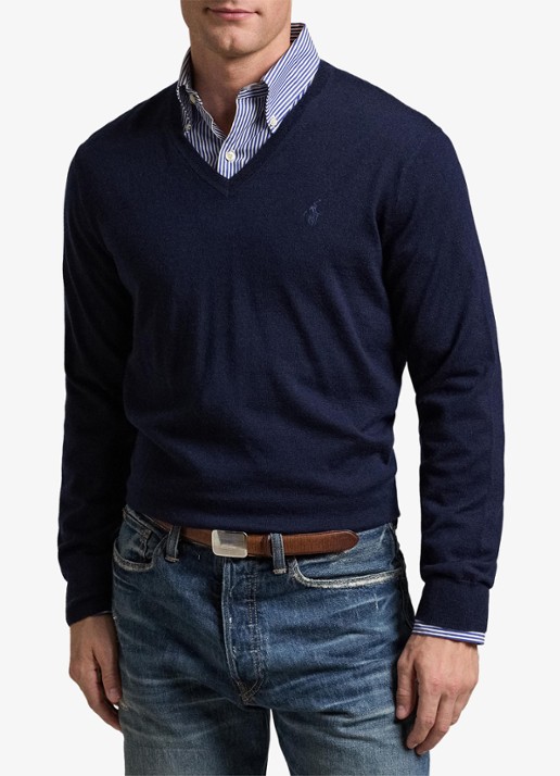 Ralph Lauren Fijngebreide pullover van wol met V-hals - voorkant 5 donkerblauw