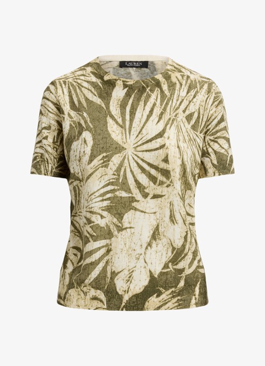 Ralph Lauren Fijngebreide top in linnenblend met bladprint - voorkant olive multi / groen