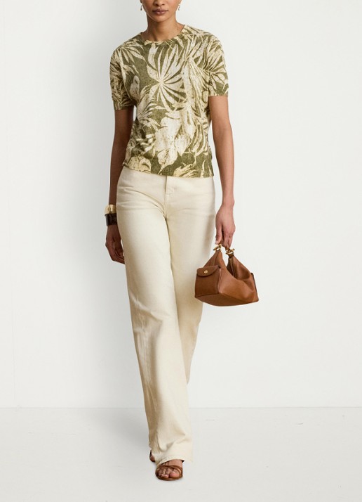 Ralph Lauren Fijngebreide top in linnenblend met bladprint - voorkant 2 olive multi / groen
