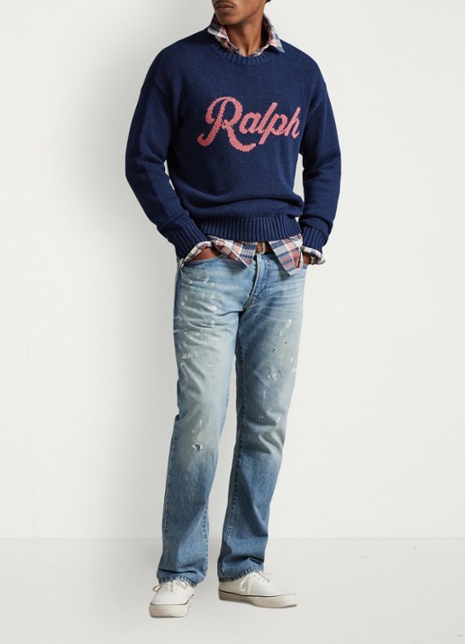Ralph Lauren Fijngebreide trui in linnenblend met logoprint - voorkant 2 dark cobalt combo-zyrz
