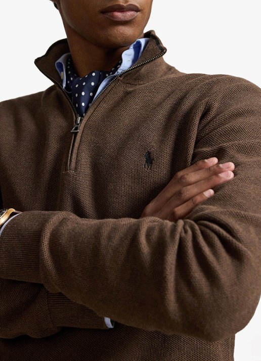Ralph Lauren Fijngebreide trui met halve rits en logoborduring - detail 5 nutmeg brown / bruin