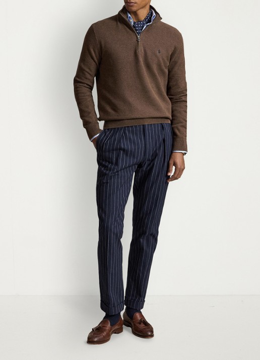 Ralph Lauren Fijngebreide trui met halve rits en logoborduring - voorkant 3 nutmeg brown / bruin