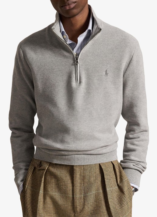 Ralph Lauren Fijngebreide trui met halve rits en logoborduring - voorkant 2 andover heather / grijs